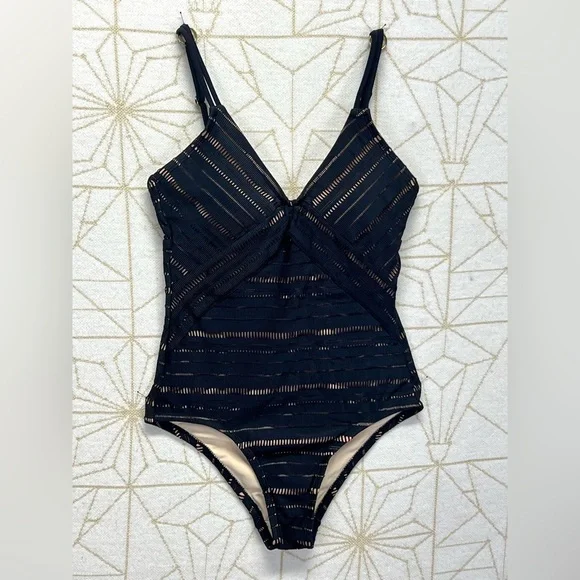 KONA SOL Black striped laser cut one piece swimsuit size M - Picture 4 of 13